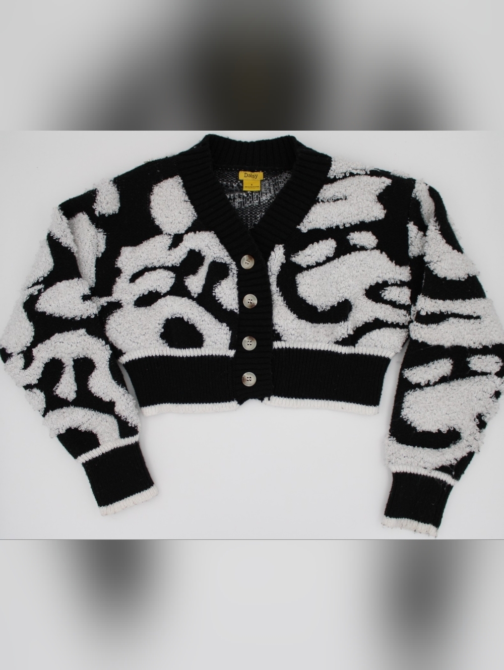 Daisy Black White Cropped Cardigan Sweater Textured Size S